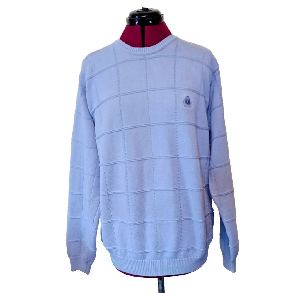 IZOD Men's Large Blue Windowpane Knit Sweater Pullover Logo L Preppy